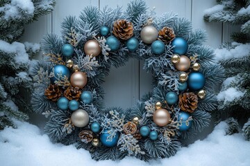 Wall Mural - enchanting winter wreath with frosted blue spruce branches sparkling snowflakes and iridescent glass ornaments delicate silver ribbons and crystalline icicles add a magical touch