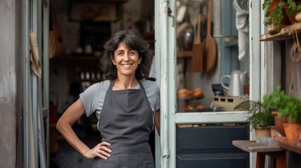 Wall Mural - A woman stands in front of a door with apron on