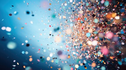A festive explosion of colorful confetti against a blue background, creating a lively and celebratory atmosphere.