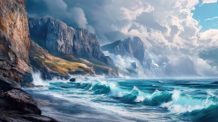 Wall Mural - Stunning coastal cliffs with waves crashing against the rugged shoreline