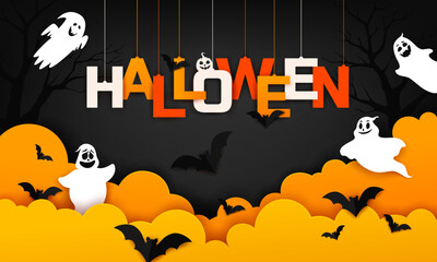 Canvas Print - Halloween paper cut banner with clouds, ghosts and bats. Vector holiday party banner or greeting card design with 3d papercut effect, funny spooks, and colorful typography letters hanging on strings