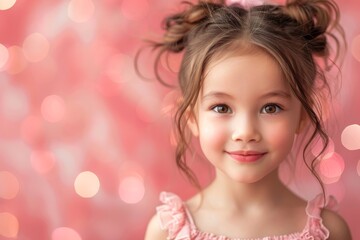 portrait of smiling caucasian little girl in pink dress on pink festive bokeh background