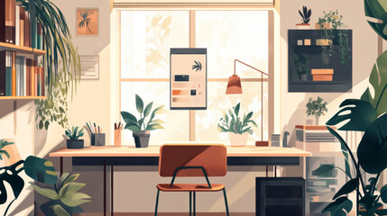 Wall Mural - A modern room with a desk by the window. It has a poster, house plants, and a shelving. It's drawn in a flat style.