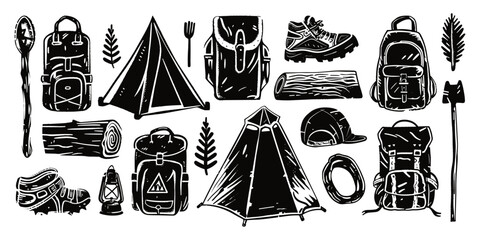 Camping and Hiking Gear Linocut Print Style Icons Set Various Camping Gear Illustrations Detailed Hiking Equipment Classic Engraving Thick Strokes Black on White Background