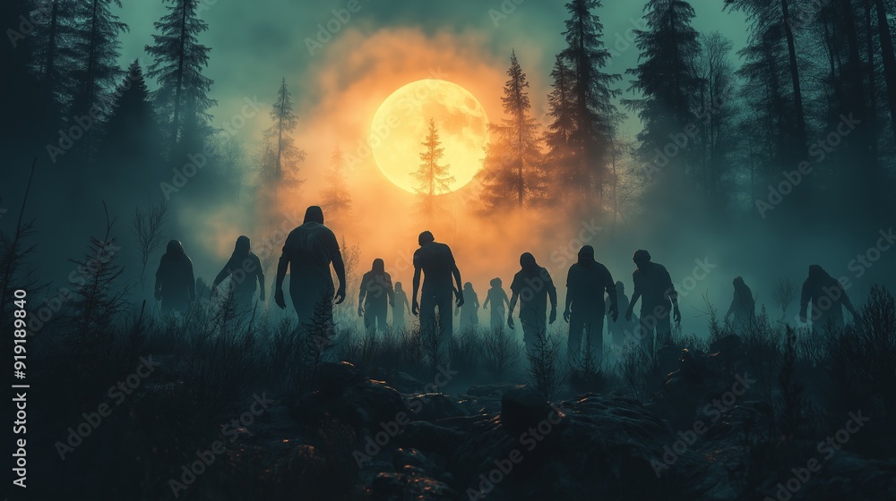 Silhouettes of Creepy Zombies Emerging from a Foggy Forest with a Full ...
