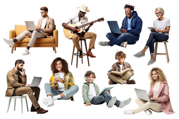 png people sitting pose set, transparent background
