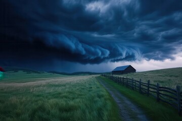 Dramatic storm clouds loom over a tranquil landscape, creating a striking contrast between nature's beauty and its power.