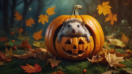 Wall Mural - Cute hedgehog pumpkin autumn, in nature leaves