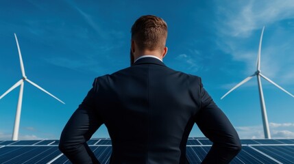 A man in a suit stands in front of two wind turbines