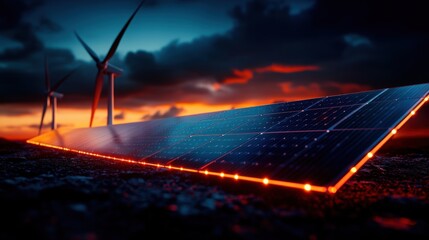 a solar panel with lights on it is shown in front of two wind turbines