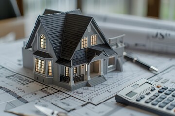 miniature model of house and calculator on top of construction plans 