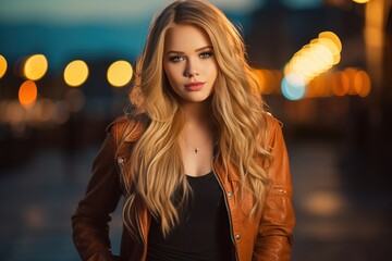 A woman with long blonde hair is wearing a leather jacket and a black shirt