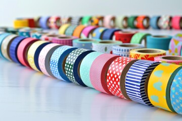 Wall Mural - A collection of colorful washi tape rolls displayed on a table, perfect for craft projects or office organization