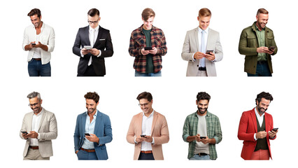 Sticker - PNG diverse men using phones set, transparent background