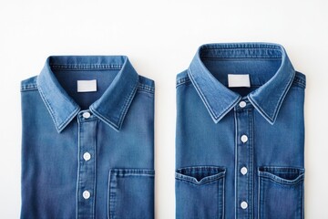 Wall Mural - A pair of blue denim shirts neatly folded and placed side by side, displayed on a clean white background