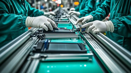 Wall Mural - Assembly line in high-tech factory, workers meticulously assembling electronic devices, vibrant setting