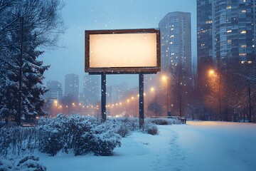 Blank Billboard in Snowy Cityscape.