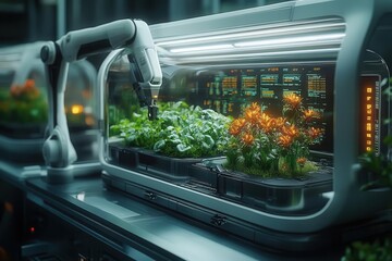 futuristic plant growth station with holographic displays and robotic arms tending to vibrant glowing flora in a sleek minimalist laboratory setting