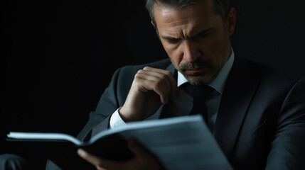 A serious businessman sitting and thoughtfully reading a report