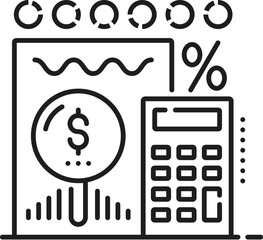 Aufkleber - Financial analysis line icon, accounting, tax revenue and budget vector sign features pie charts, graphs, currency symbol and calculator, representing detailed examination of financial data and trends