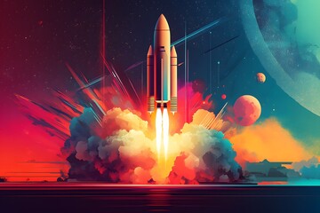 Wall Mural - Rocket Launch into Space with Colorful Nebula Background.