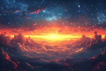 Poster - Sunset Above the Clouds with Stars.