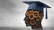 © Stocks Buddy - Human head made of gears wearing graduation hat symbolizing education technology, combining learning with machinery, innovative academic concept