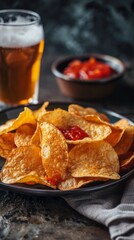 A plate of chips with a glass of beer on a table