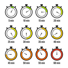 Stopwatch icons. Colorful simple chronometer, time counter with dial. Countdown timer showing hours and minutes. Deadline, measurement for sport. Cooking time label, sticker. Vector illustration