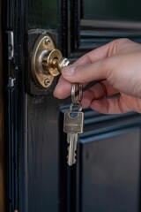 Wall Mural - A person holds a bunch of keys in front of a door, ready to unlock and enter