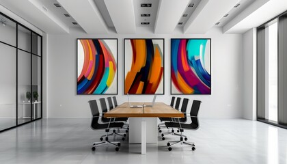 Contemporary office interior with three abstract paintings and a conference table with chairs.