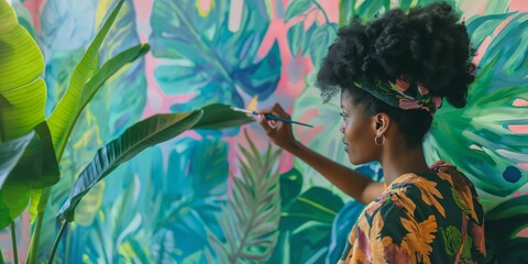 A woman is painting a mural of a tropical forest. She is using a brush to paint a leaf on the wall