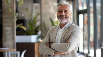 Smiling handsome businessman with crossed arms in modern office, middle-aged gray-haired man exuding confidence, business success concept.