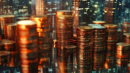 Poster - City skyline superimposed on a background of stacked coins, conveying the concept of finance and economic growth within urban settings.