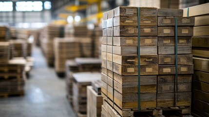 Wood planks stacked in a factory