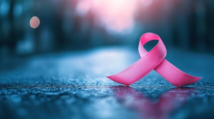 Breast cancer awareness month pink ribbon symbol on blurred blue background