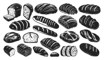 Wall Mural - Loaves of Bread Linocut Print Style Icons Set Different Bread Types Neat Thick Strokes Detailed Bread Designs Black on White Background Artisan Bakery Icons