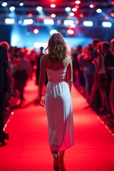 Wall Mural - A woman walks down a red carpet in a white dress. The scene is set in a crowded room with many people around her. Scene is lively and energetic, as the woman is the center of attention in the room