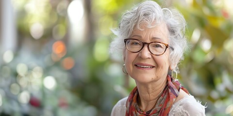 Wall Mural - A woman with glasses and a scarf is smiling. She looks happy and content. Concept of warmth and positivity