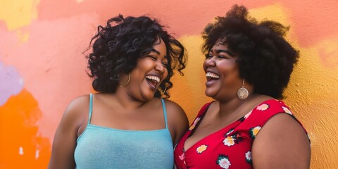 Two women with curly hair are smiling and laughing together. They are wearing blue and red dresses. Scene is happy and joyful