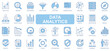 © alexdndz - Data analytics icons set in duotone outline stroke design for web. Pack pictograms of search, mining, filter, pie chart, presentation, mind map, database, discover, flow, other. Vector illustration.