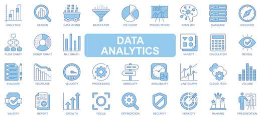 Fototapete - Data analytics icons set in duotone outline stroke design for web. Pack pictograms of search, mining, filter, pie chart, presentation, mind map, database, discover, flow, other. Vector illustration.