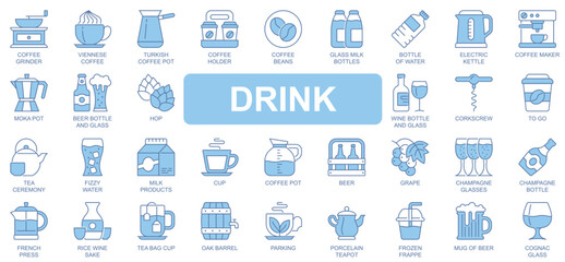Aufkleber - Drink icons set in duotone outline stroke design for web. Pack pictograms of coffee grinder, turkish pot, beans, milk glass, bottle water, electric kettle, beer, wine, other. Vector illustration.