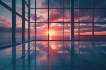 Canvas Print - A large window with a sunset view, perfect for interior design or travel inspiration