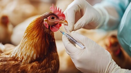 Veterinarian giving a vaccine shot to a chicken in a poultry farm