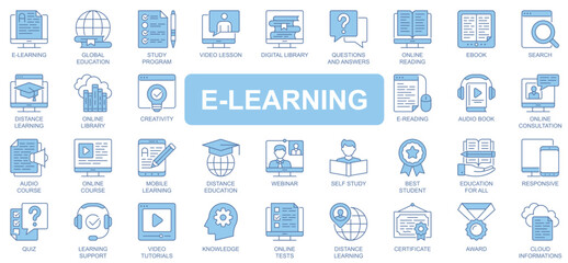 Poster - E-learning icons set in duotone outline stroke design for web. Pack pictograms of global education, study program, video lesson, library, online reading, ebook, webinar, other. Vector illustration.