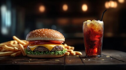 cheeseburger and fries with a cold drink on a rustic wooden table.