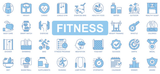 Aufkleber - Fitness icons set in duotone outline stroke design for web. Pack pictograms of fit, weight, cardio, jungle gym, exercise bike, healthy food, water, body care, training, other. Vector illustration.