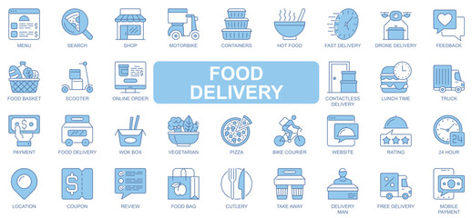 Leinwandbilder - Food delivery icons set in duotone outline stroke design for web. Pack pictograms of menu, search, shop, motorbike, container, drone, feedback, basket, pizza, online order, other. Vector illustration.
