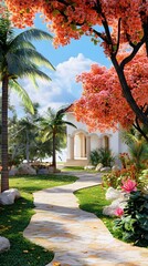 Poster - Beautiful Tropical Garden With Pathway And White House